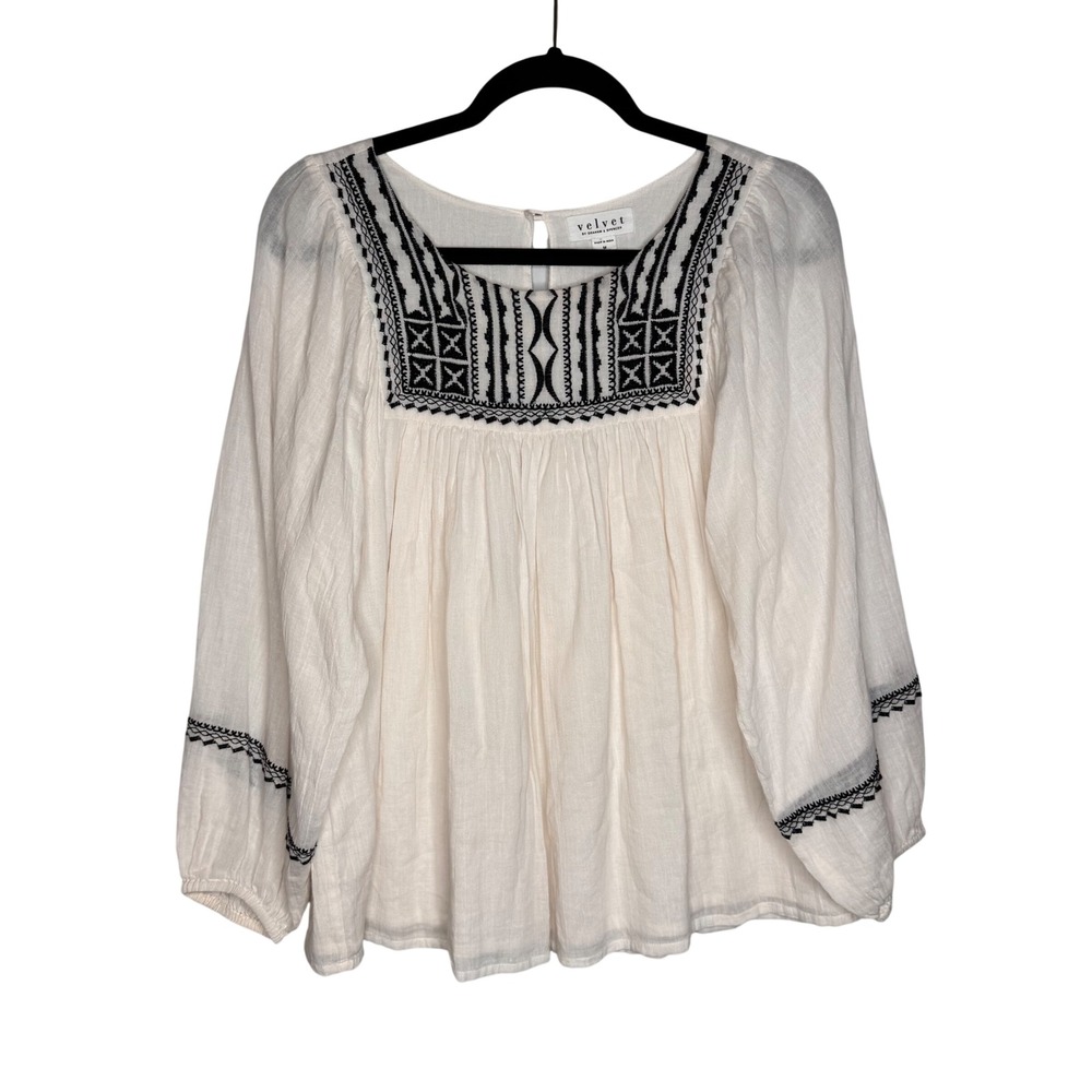 Velvet by Graham & Spencer 100% Cotton Embroidered Peasant Ivory Blouse Top Med - Picture 2 of 12